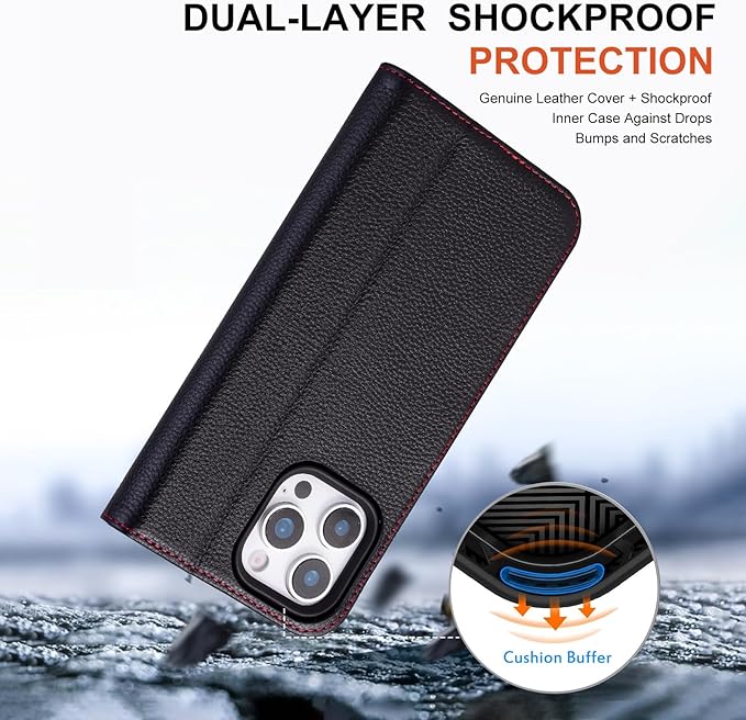 Case for iPhone 16 Pro 6.3" 2024-Genuine Leather Folio Magnetic Closure RFID Blocking Card Holder Kickstand Full Protection Phone Case Compatible with iPhone 16 Pro (Black)