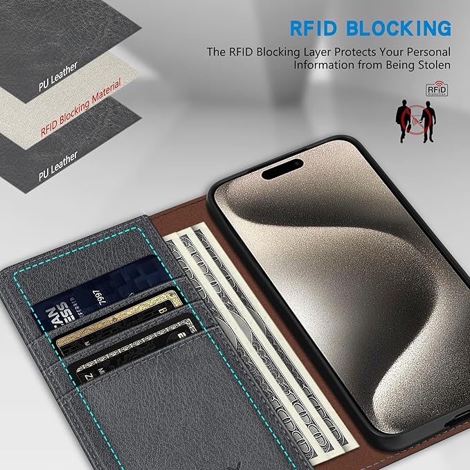 ZZXX for iPhone 15 Pro Max Wallet Case with [RFID Blocking] Card Slot Stand Strong Magnetic Leather Flip Fold Protective Phone Case for iPhone 15 Pro Max Case Wallet(Grey-6.7 inch)