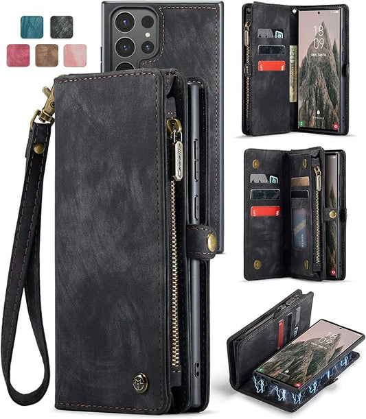 SZHAIYU 2 in 1 Detachable for Samsung Galaxy S25 Ultra Wallet Case with Card Holder, Retro Premium Flip Leather Cover Magnetic Zipper Pocket Phone Cases 6.8'' (Black, S25 Ultra)