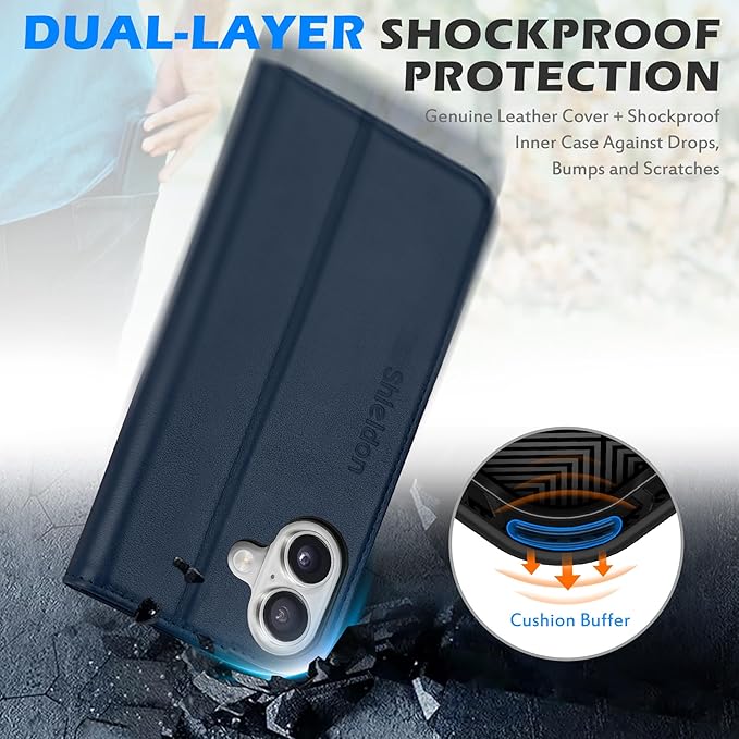 SHIELDON Case for iPhone 16 6.1" 2024, Genuine Leather Folio Wallet Magnetic Closure Kickstand RFID Blocking Card Slots Full Protection Cover Compatible with iPhone 16 5G - Nappa Navy Blue