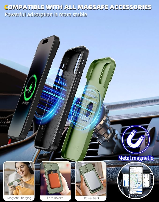 for iPhone 14 Pro Case Compatible with MagSafe Magnetic,with 2 Screen Protectors,Built-in Camera Cover,with Stand Ring,Military Grade Drop Shockproof Heavy Duty Protection Phone Bumper Green