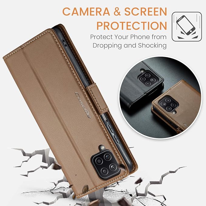 for Samsung Galaxy A12 5G Case, Premium PU Leather Wallet Case Flip Cover with [RFID Blocking][Card Holder][Stand Function] Shockproof Protective for Samsung Galaxy A12, Brown