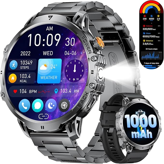 LIGE Military Smart Watches for Men(2 Bands),1000mAh/1.85" HD Large Screen Smartwatch, Flashlight/110+ Sports Modes/IP68 Waterproof/Sleep Monitor, Fitness Tracker Watch for Android iOS,Black