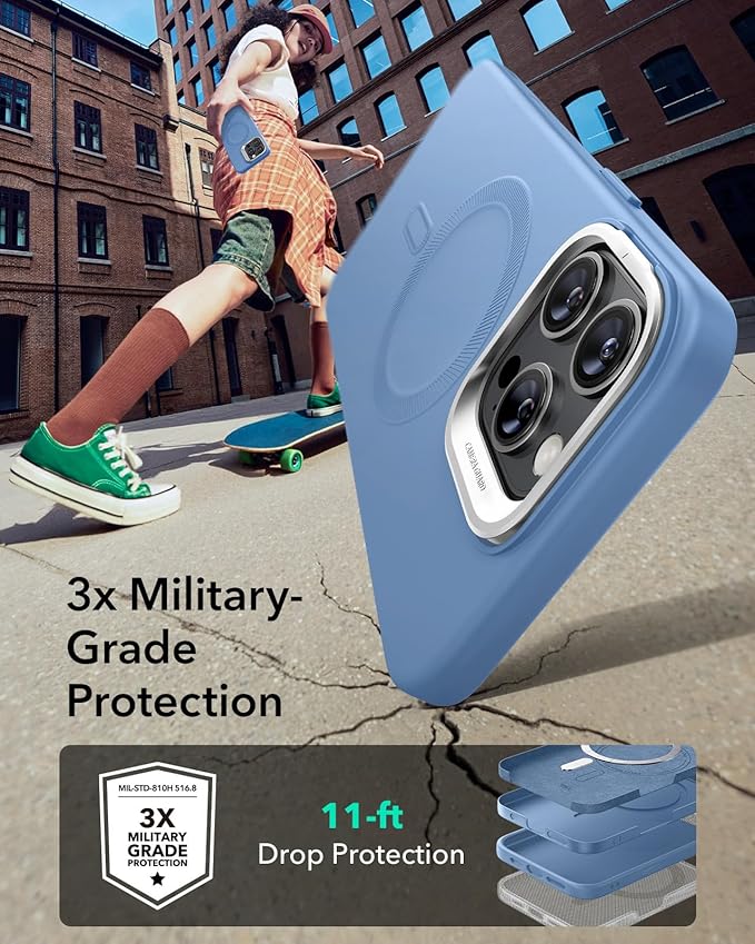 ESR for iPhone 16 Pro Case, Silicone Case with Stand, Compatible with MagSafe, Military-Grade Protection, Built-in Camera Stash Stand, Magnetic Phone Case for iPhone 16 Pro, Cloud Series, Light Blue