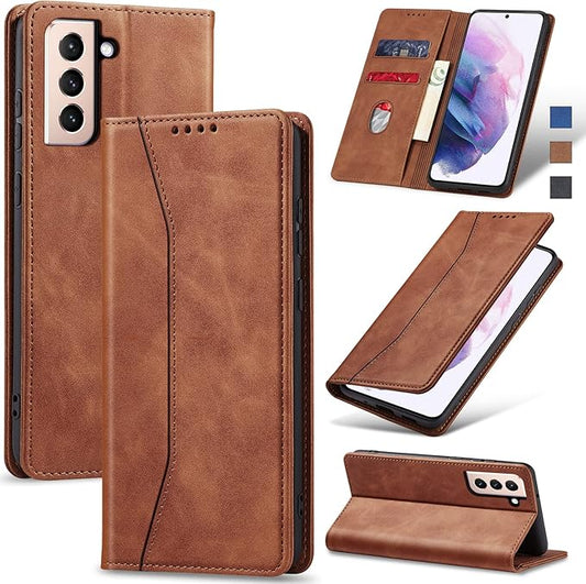Jasonyu Wallet Case for Samsung S21 Plus, PU Leather Cover with Stand, Magnetic Folio Flip, TPU Shockproof Interior Case and Card Holder Slots, Brown