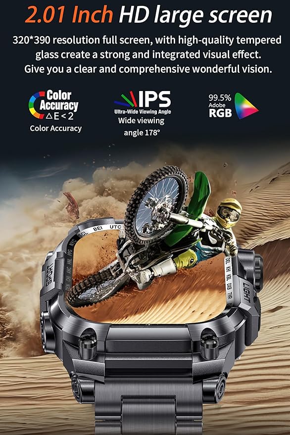 Tough Smart Watch for Working Men with Flashlight, 2.01" HD Ultra Large Rugged Smartwatch Bluetooth Call/Heart Rate/Sleep Monitor Hiking Camping Fitness Track Watches