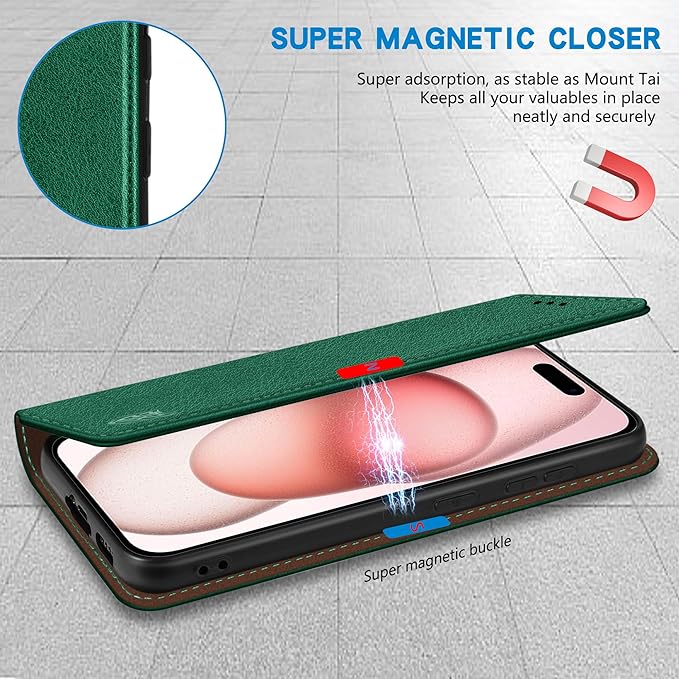 ZZXX for iPhone 15 Wallet Case with [RFID Blocking] Card Slot Stand Strong Magnetic Leather Flip Fold Protective Phone Case for iPhone 15 Case Wallet(Green-6.1 inch)