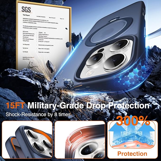 360° O-Ring MagStander for iPhone 15 Pro Max Case with Magnetic Kickstand Ring Holder [Compatible with MagSafe][360°Rotate Stand][Military Shockproof] iPhone 15 Pro Max Phone Cover Blue