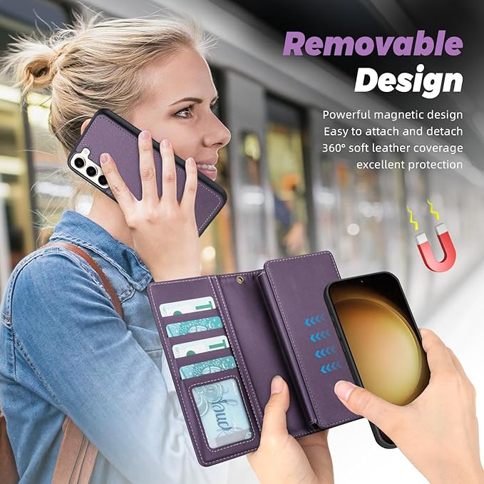 TwoHead for Samsung Galaxy S23 Plus Wallet Case with Card Holder,Detachable Magnetic Phone Case for Galaxy S23 Plus,PU Leather All-Round Protective Phone Cover Wallet with Strap(6.6 in,Deep Purple)