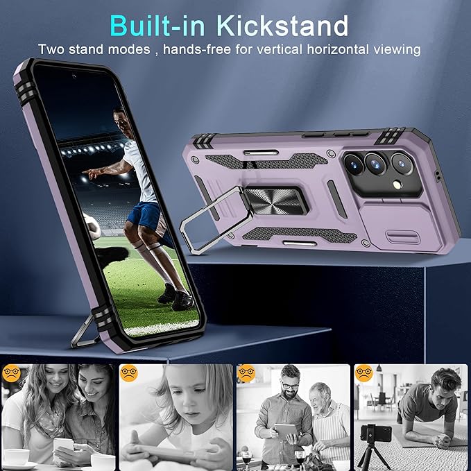 DEERLAMN Case for Samsung Galaxy S24 FE 6.7-Inch with Slide Camera Cover+Screen Protector(1 Pack), Rotated Ring Kickstand Military Grade Shockproof Protective Cover-Deep Purple