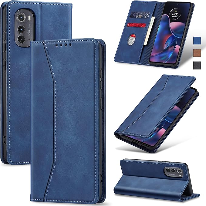 Jasonyu Flip Wallet Case for Motorola Edge (2022) Moto,Leather Magnetic Folio Cover with Card Holder,Kickstand - TPU Shockproof Durable Protective Phone Case,Blue