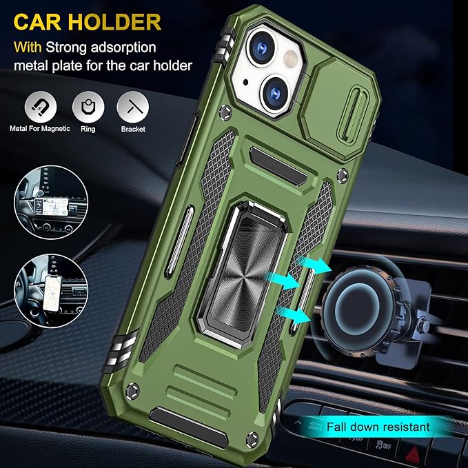 Case for iPhone 14 Plus Phone Case with Kickstand Ring Holder, with Camera Cover, with Magnetic Car Mount Function, for iPhone 14 Plus (Olive Green)