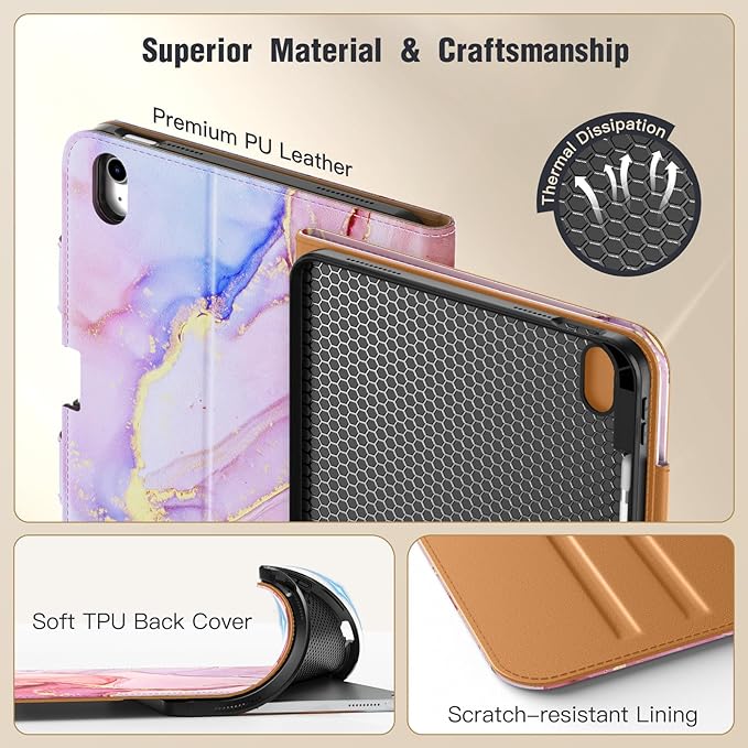 MoKo for iPad (A16) 11th Generation Case 11 inch 2025, iPad 10th Generation Case 10.9" 2022 with Pencil Holder & Pocket, Premium Leather Folio Stand Cover, Multiple Viewing Angles, Pink Gold Marble