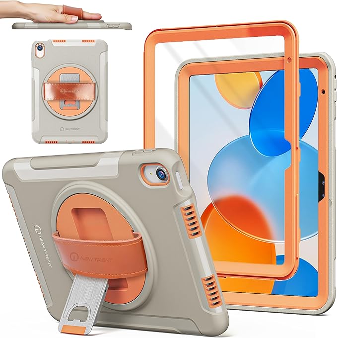 Original Rugged iPad Case for iPad 11 (A16) 11-inch (2025) & iPad 10th Gen 10.9-inch (2022) | 360° Rotating Kickstand, Genuine Leather Hand Strap, Built-in Screen Protector (Orange Grey)