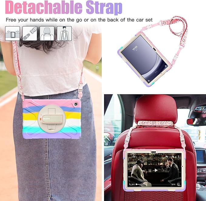 BRAECNstock Kids Case for Samsung Galaxy Tab A9+ Plus 11 inch (SM-X210/X216/X218) Shockproof Protective Case with Screen Protector Pen Holder [360° Rotating Hand Strap+Stand], Colorful Pink