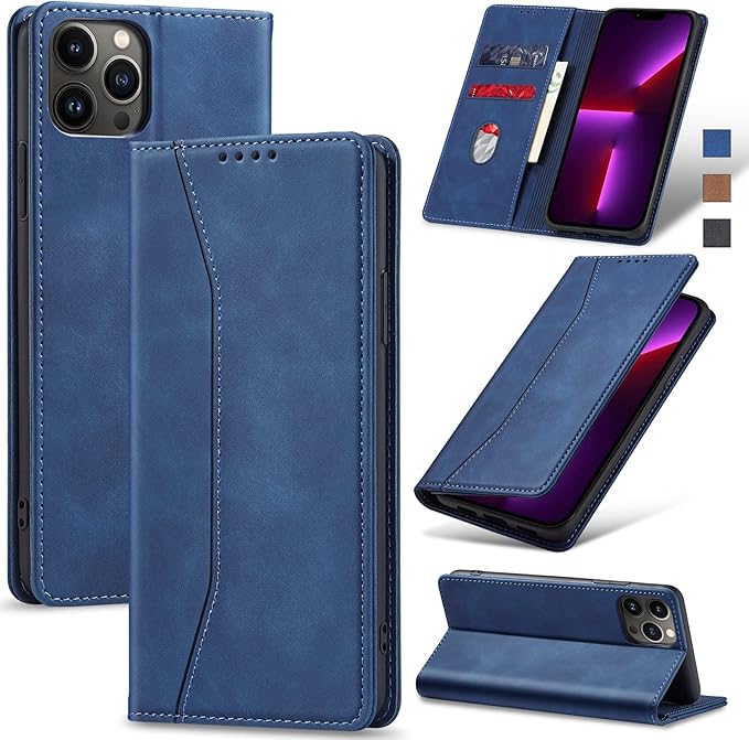 Jasonyu Flip Wallet Case for iPhone 13 Pro Max,Leather Magnetic Folio Cover with Card Holder,Kickstand - TPU Shockproof Durable Protective Phone Case,Blue