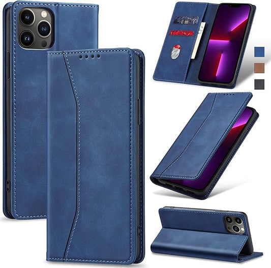 Jasonyu Flip Wallet Case for iPhone 13 Pro Max,Leather Magnetic Folio Cover with Card Holder,Kickstand - TPU Shockproof Durable Protective Phone Case,Blue