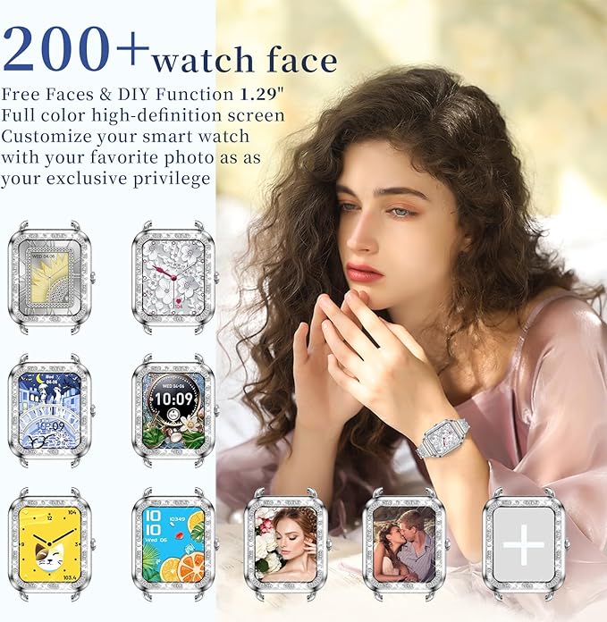 Smart Watch for Women Diamonds(Answer/Make Call),1.29''HD Touch Screen Smart Watch Android,Fitness Tracker with Heart Rate/Blood Oxygen/Sleep Monitor,Waterproof Smartwatch 3 Strap (Diamond Silver)