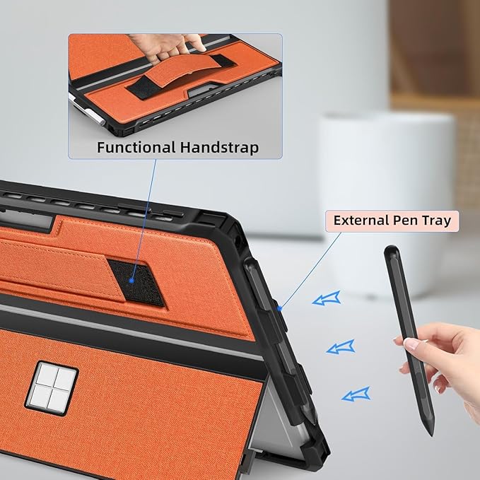 Case for 12.3" Microsoft Surface Pro 7+/7/6/5/4/Pro LTE Protective Rugged Cover Case, with Stylus Pen Holder and Hand Strap, Compatible with Type Cover Keyboard, Orange-red