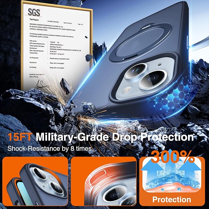 360° O-Ring MagStander for iPhone 15 Case with Magnetic Kickstand Ring Holder [Compatible with MagSafe][360°Rotate Stand Ring][Military Shockproof] Magnet iPhone 15 Phone Cover Matte Blue