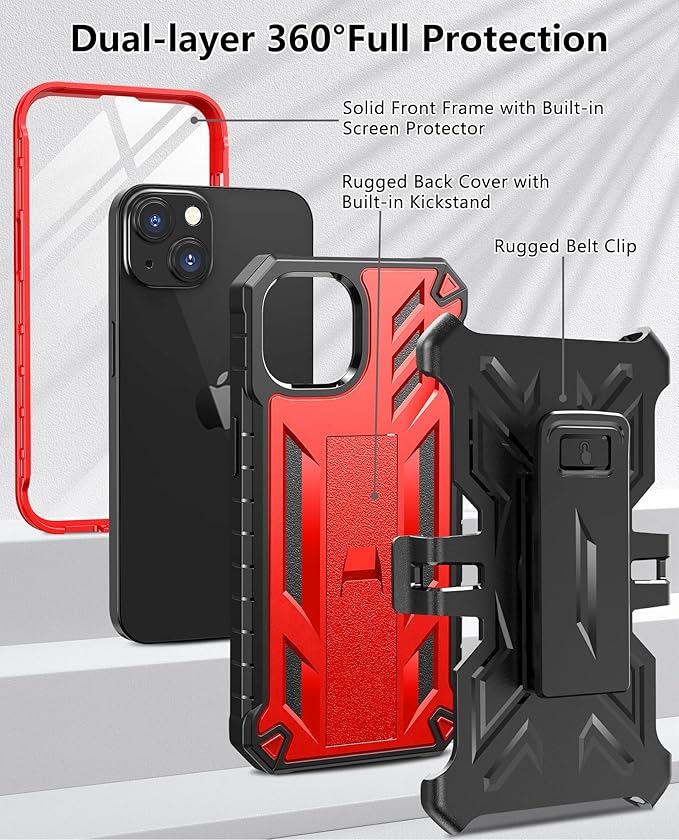 for iPhone 13/14 Protective Case: for iPhone 16e Cover with Belt Clip Holster | Durable Dual-Layer Design with Built-in Kickstand | Heavy Duty Military Grade Hard Protection Shock Proof Orange