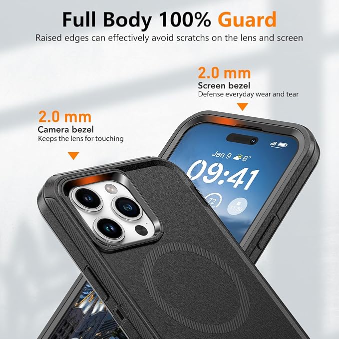 for iPhone 13 Pro & 14 Pro Case with Belt Clip Holster, Anti-Shock, Anti-Slip, Compatible with MagSafe, 3-Layer Drop Protection, Heavy Duty Magnetic Phone Case Cover 14 Pro, 6.1", Black