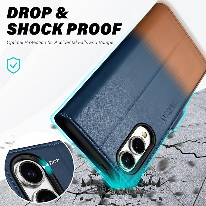 TUCCH Case Wallet for Galaxy S25 Edge, PU Leather Magnetic Kickstand [RFID Blocking] 4 Card Slot Folio Flip Cover with [TPU Shockproof Interior Case] Compatible with Galaxy S25 Edge 6.7", Blue & Brown
