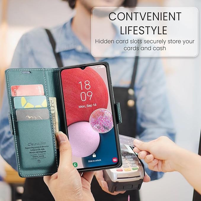 for Samsung Galaxy A13 4G/5G Case, Premium PU Leather Wallet Case Flip Cover with [RFID Blocking][Card Holder][Stand Function] Shockproof Protective for Samsung Galaxy A13, Blue-Green