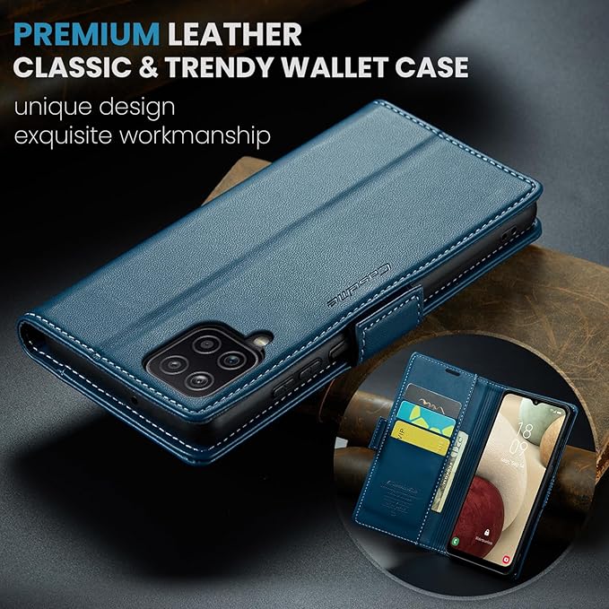 for Samsung Galaxy A12 5G Case, Premium PU Leather Wallet Case Flip Cover with [RFID Blocking][Card Holder][Stand Function] Shockproof Protective for Samsung Galaxy A12, Blue