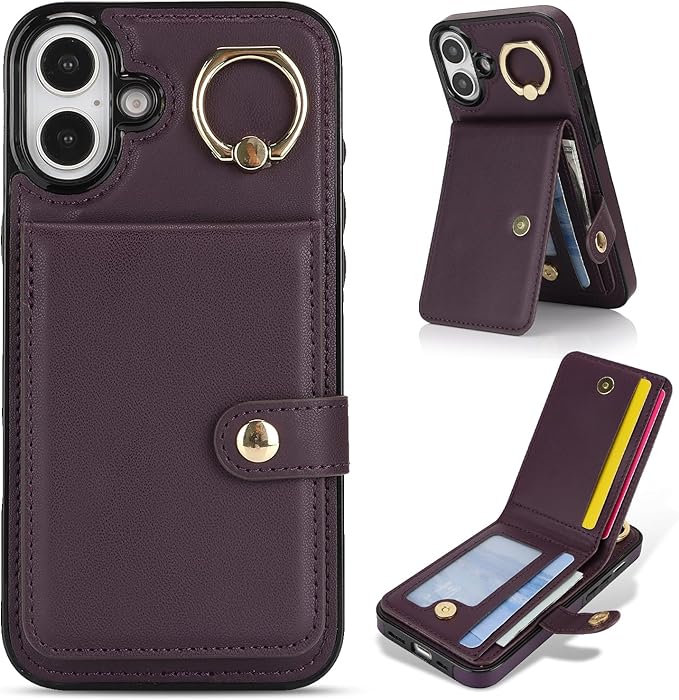 Compatible iPhone 16 Wallet Case with Card Holder RFID Blocking PU Leather Doubles as a Wallet Unisex Flip Shockproof Protection with Card Slots Ring Wrist Kickstand Function,Purple