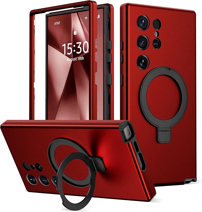 Designed for Samsung Galaxy S24 Ultra Case with Magnetic Ring Stand [Compatible with Mag-Safe][Military Grade Drop Protection][Build in Kickstand] S24 Ultra Phone Case 6.8",Red