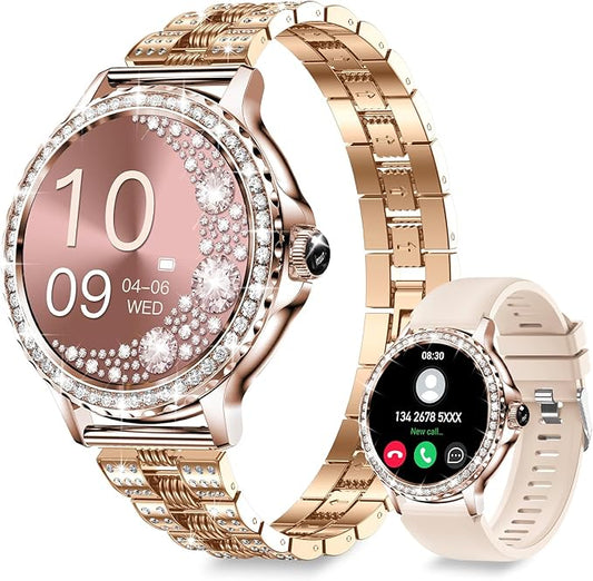 Smart Watches for Women (Answer/Make Call) with Diamonds, 1.3”HD Screen Bluetooth Smartwatch for Android iOS Phones, IP68 Waterproof Fitness Activity