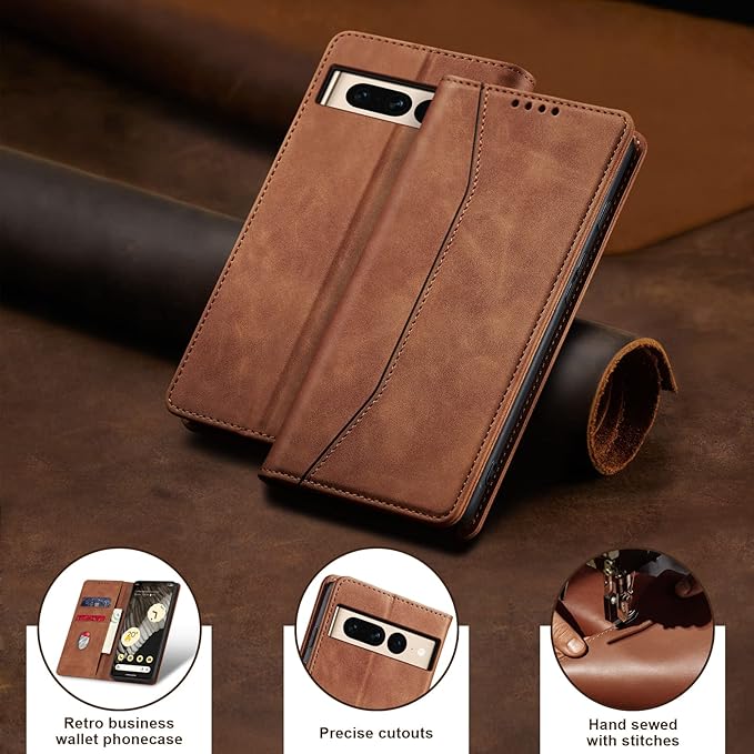 Jasonyu Flip Wallet Case for Google Pixel 7 Pro 5G,Leather Magnetic Folio Cover with Card Holder,Kickstand - TPU Shockproof Durable Protective Phone Case,Brown