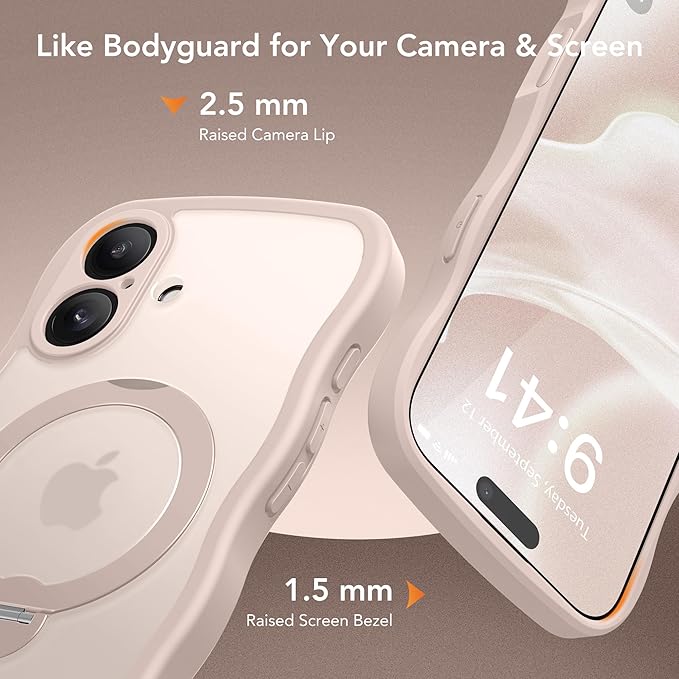 for iPhone 16 Plus Case,[Compatible with Magsafe][360° Spin Magnetic Stand][Military-Grade Protection][Camera Control][Cute Wave Edge] Translucent Matte Women Phone Cover for 16 Plus, Rose Gold