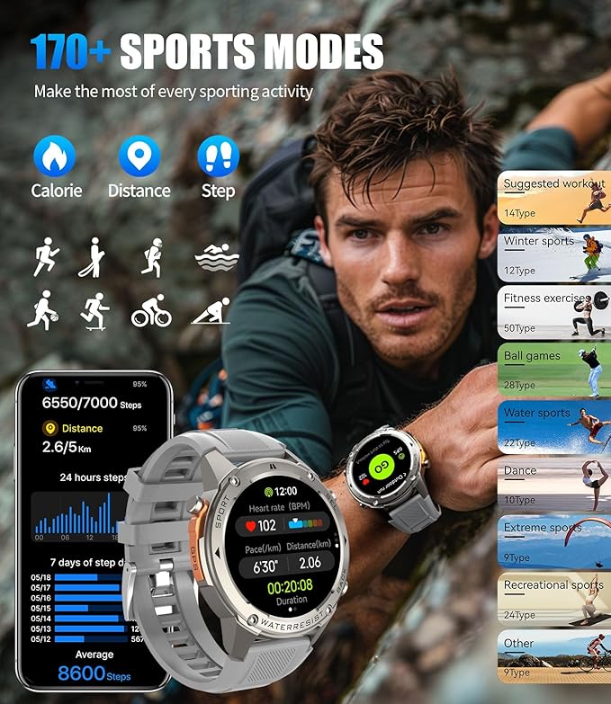GPS Smart Watch for Men-5ATM/IP69K Waterproof,45 Days Standby(500mAh),1.43" AMOLED Rugged Military Smartwatch with Compass Altitude,170+ Sport Modes Smart Watches for Android iPhones Silver