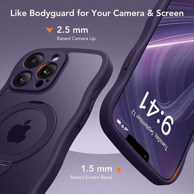 for iPhone 13 Pro Max Case for Women,[Compatible with Magsafe][360° Spin Magnetic Stand][Cute Wave Edge][Military-Grade Protection]Translucent Matte Phone Case for iPhone 13 ProMax, Dark Purple