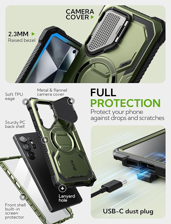 i-Blason Armorbox for Samsung Galaxy S25 Ultra Case MagSafe with Camera Cover Stand [Military Protection] Full-Body Heavy Duty Magnetic Phone Case with Screen Protector for S25 Ultra 6.9 inch, Green