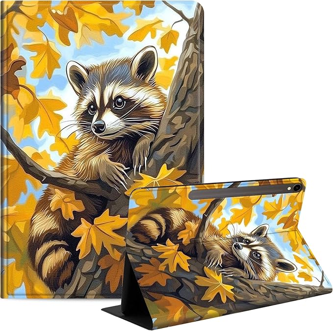 Case for Samsung Galaxy Tab S10 FE/ S9 FE 5G 10.9 Inch/Tab S9 11 Inch, Slim PU Leather Stand Cover with Auto Wake/Sleep, Multi-Angle Viewing & Shockproof, Raccoon Perched