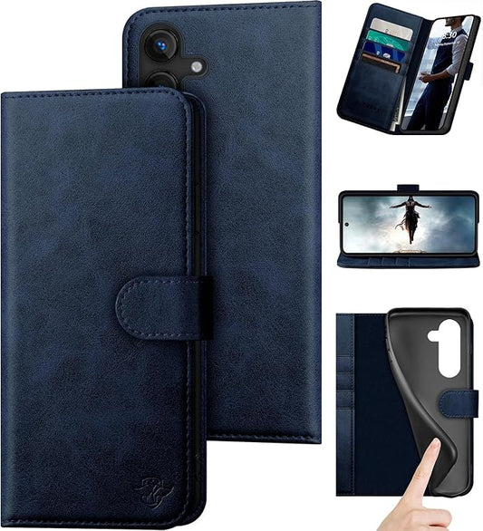 Compatible with Samsung Galaxy S25 Genuine Leather Wallet case【RFID Blocking】【4 Credit Card Holder】【Real Leather】 Flip Folio Book Phone case Cover Women Men for Samsung S25 case Dark Blue