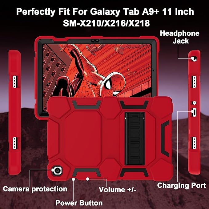 CCMAO Case for Samsung Galaxy Tab A9+/A9 Plus Case 11 Inch 2023 Model (SM-X210/X216/X218), Heavy Duty Shockproof Hybrid Three Layer Protective Cover for Kids Boys Girls, Red+Black
