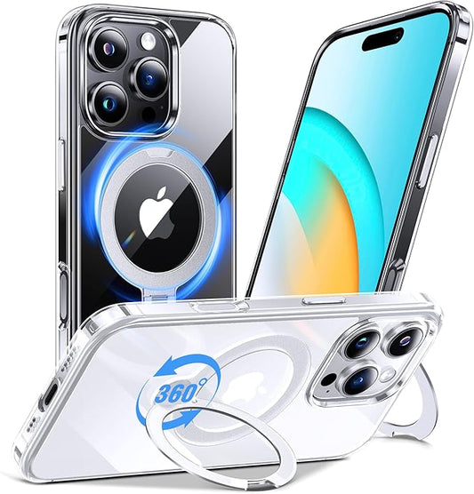 Anqrp 360° All-in-ONE Crystal Clear Case for iPhone 16 Pro with Rotatable Magnetic Stand, Compatible with MagSafe, Anti-Yellowing Transparent MIL-Grade Shockproof Phone Case Cover for iPhone 16 Pro