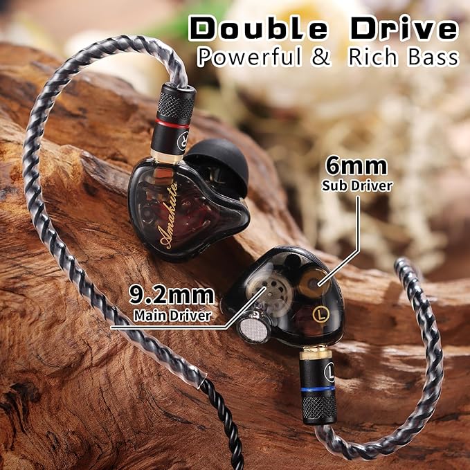 Dual Driver IEMs for Gaming - 9.2mm+6mm HiFi in-Ear Monitors with Detachable MMCX, 4N Silver-Plated OFC Cable & Noise-Isolating Ear Tips (Wired Earbuds for Music/Studio)