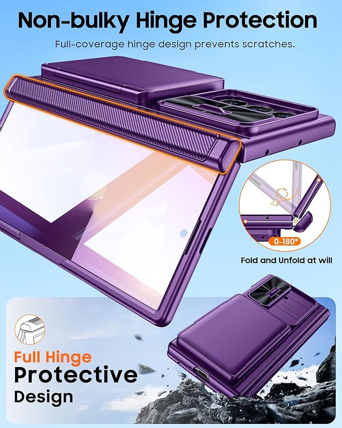 CENMASO for Samsung Galaxy Z Fold 7 Case with Card Holder [RFID Blocking] Camera Cover, Hinge Protection, Hidden Kickstand, Screen Protector, Slim Shockproof Phone Case for Galaxy Z Fold 7-Purple