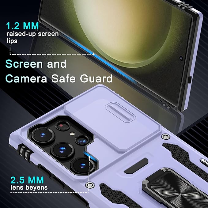 DEERLAMN Case for Samsung Galaxy S25 Ultra with Slide Camera Cover+Screen Protector (1 Pack), Rotated Ring Kickstand Military Grade Shockproof Protective Cover-Light Purple