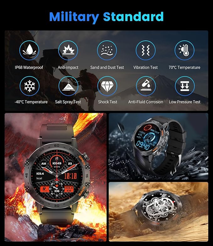 Smart Watch for Men Answer/Make Call for Android iOS, 400mAh Military Smartwatch Heart Rate Blood Oxygen Sleep Monitor Step Counter, 2 Watch Straps,Waterproof Outdoor Smart Watches Brown