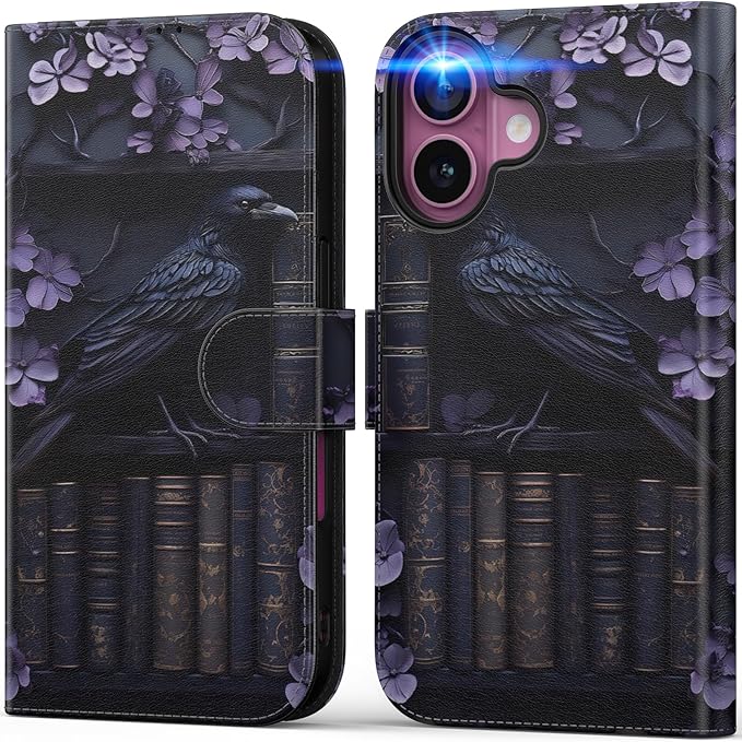 DEENAKIN for iPhone 16 Plus Wallet Case with Card Holder + Cash Clip, RFID-Blocking, Military-Grade Drop Protection, Magnetic Closure with Leather Kickstand - Purple Floral & Raven