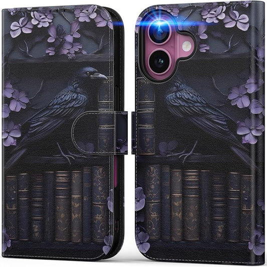 DEENAKIN for iPhone 16 Plus Wallet Case with Card Holder + Cash Clip, RFID-Blocking, Military-Grade Drop Protection, Magnetic Closure with Leather Kickstand - Purple Floral & Raven
