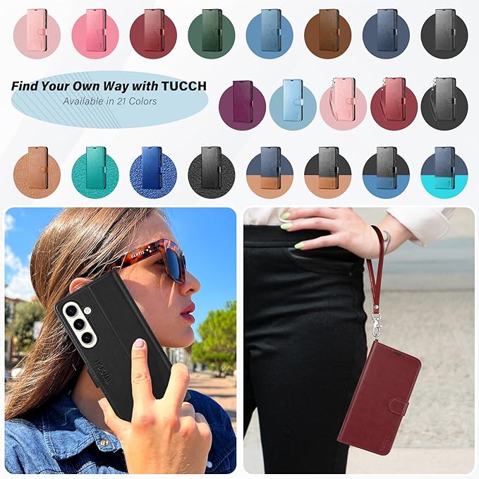 TUCCH Wallet Case for Galaxy S25 Plus with [Wrist Strap] TPU Shockproof Interior Case [RFID Blocking] Stand Card Slot, Magnetic PU Leather Cover Compatible with Galaxy S25 Plus, Black with Wristlet
