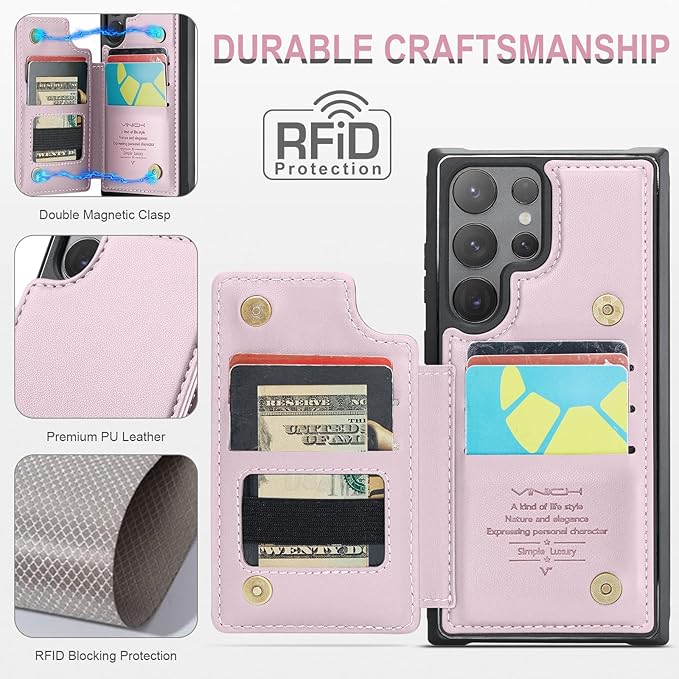 Vinich for Samsung Galaxy S24 Ultra Wallet Case with Card Holder, RFID Blocking Credit Slots Kickstand Shockproof Phone Cover for Women Men, Pink
