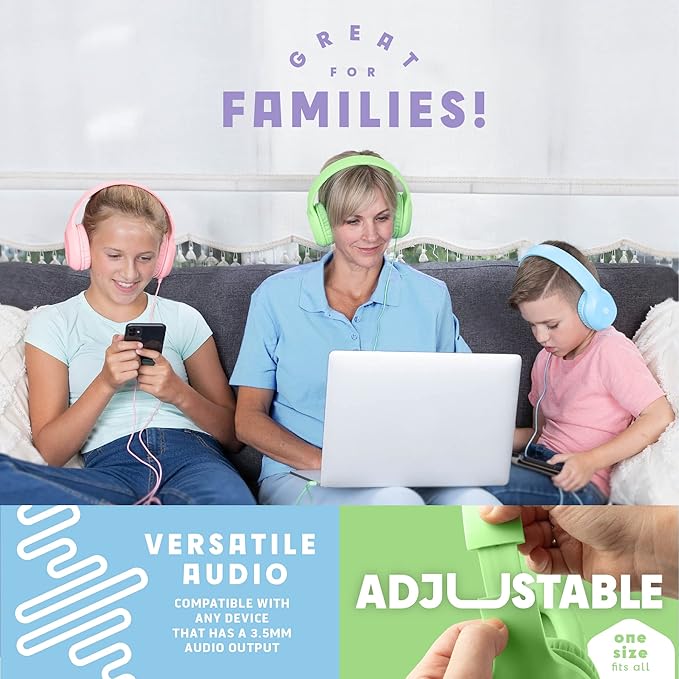 Kids Headphones for School Bulk Set 5-Pack On-Ear, 3.5mm, Wired Headphones for Schools & Libraries – Adjustable, Cushioned Wired Kids, (Mixed Colors)